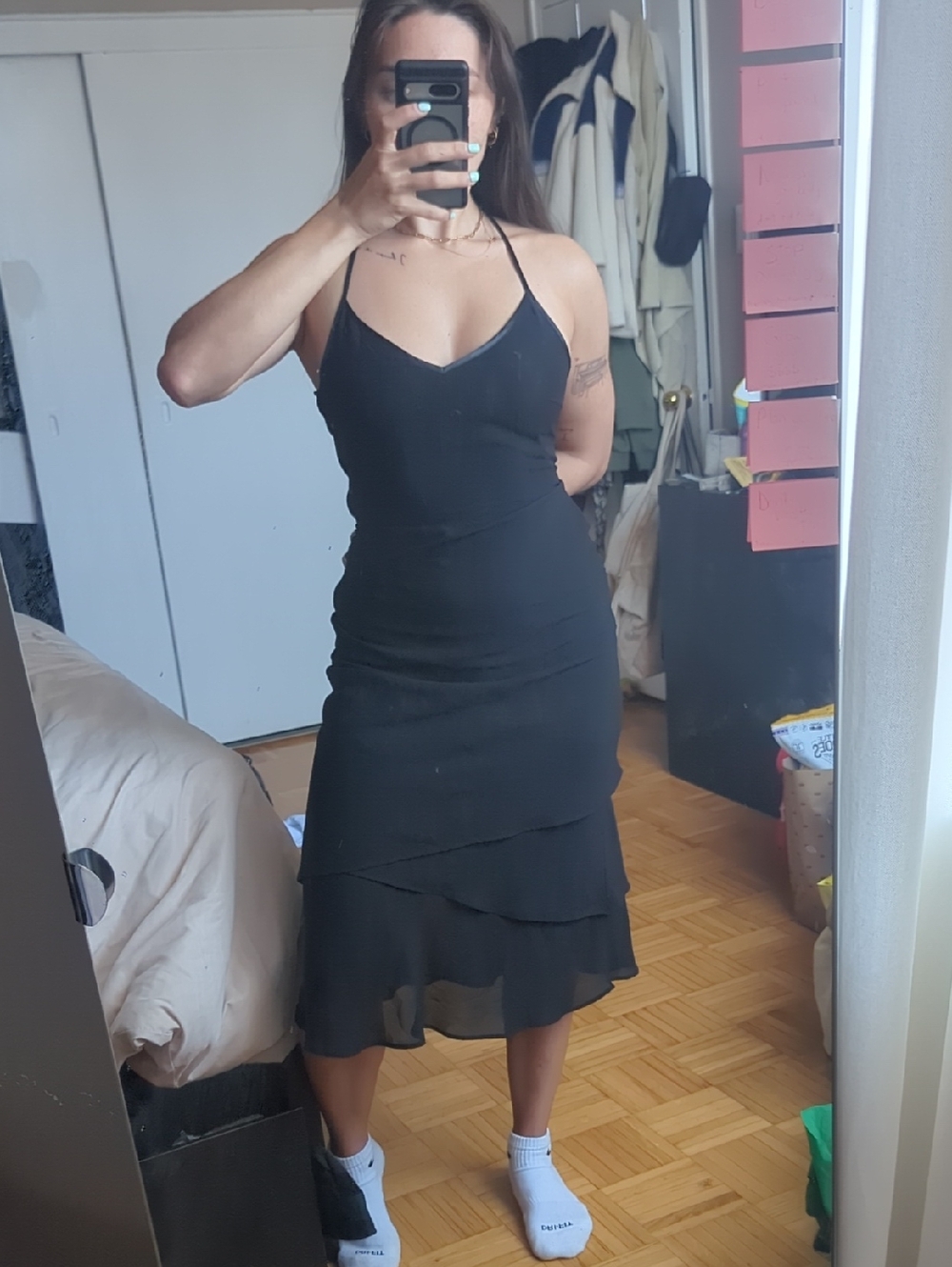 H&M Black Spaghetti-Strap Midi Dress with Layered Hem
